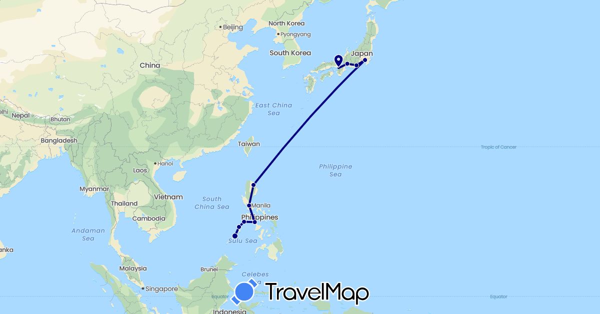 TravelMap itinerary: driving in Japan, Philippines (Asia)